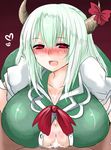  blush breasts cum cum_on_body cum_on_breasts cum_on_clothes cum_on_upper_body ex-keine fang green_hair han64 han_(jackpot) horns huge_breasts kamishirasawa_keine long_hair paizuri paizuri_under_clothes penis penis_under_clothes red_eyes touhou 