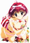  barefoot between_breasts black_eyes bow breasts candy character_request chocolate cleavage copyright_request food hair_ribbon heart highres kadoi_aya kneeling leaning_forward lollipop medium_breasts red_hair ribbon short_hair skirt solo source_request star 