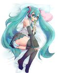  aqua_eyes aqua_hair bad_id bad_pixiv_id detached_sleeves from_above hatsune_miku headphones headset kayu_(kayu708) long_hair lying necktie on_side panties pillow skirt solo spring_onion striped striped_panties thighhighs twintails underwear very_long_hair vocaloid 