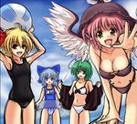  adapted_costume animal_ears antennae bare_shoulders bikini blonde_hair blue_eyes blue_hair breasts brown_eyes casual_one-piece_swimsuit cirno cleavage fingernails green_eyes green_hair hair_ribbon innertube kurowana large_breasts leaning_forward long_fingernails multiple_girls mystia_lorelei navel one-piece_swimsuit open_mouth pink_hair ribbon rumia school_swimsuit short_hair sketch swimsuit team_9 touhou wings wriggle_nightbug 