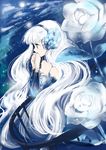  bad_id bad_pixiv_id balcony blue_eyes cloud covering_mouth detached_sleeves dress flower gwendolyn hair_ornament hairband jewelry kotokoto_(vibgyor) long_hair moon night night_sky odin_sphere ring rose silver_hair sky solo strapless strapless_dress very_long_hair white_flower white_rose 