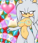  &hearts; &lt;3 amber_eyes blush breasts crossgender female hedgehog looking_at_self mammal markings psychedelic_background pussy sega silver_the_hedgehog solo sonic_(series) unknown_artist 