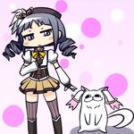  black_eyes black_hair blush_stickers cosplay detached_sleeves drill_hair fingerless_gloves gloves hat ichinose_kyouno kyubey kyubey_(cosplay) magical_girl mahou_shoujo_madoka_magica moja_(gibson) skirt striped striped_legwear thighhighs tomoe_mami tomoe_mami_(cosplay) tonnura tonnura-san twin_drills twintails vertical-striped_legwear vertical_stripes 