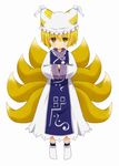  animal_ears blonde_hair blush fox_ears fox_tail hands_in_opposite_sleeves hands_together hat multiple_tails own_hands_together short_hair socks solo tail tona_(nekotte) touhou yakumo_ran yellow_eyes 