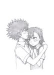  1girl bad_id bad_pixiv_id couple ebimomo greyscale hetero kamijou_touma misaka_mikoto monochrome school_uniform short_hair sketch to_aru_kagaku_no_railgun to_aru_majutsu_no_index 