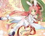  animal_ears blush bunny_ears cherry_blossoms detached_sleeves earrings green_eyes ichi_makoto japanese_clothes jewelry legs open_mouth oriental_umbrella original panties petals pink_hair sandals solo tabi thighhighs umbrella underwear 