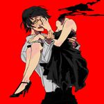  1girl bad_id bad_pixiv_id black_hair carrying celty_sturluson closed_eyes couple darkness dress dullahan durarara!! glasses headless hetero high_heels kishitani_shinra mizushima_(barairo) princess_carry shoes smile strapless strapless_dress 