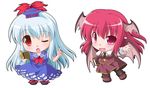  bat_wings book chibi dress head_wings kamishirasawa_keine koakuma multiple_girls necktie nijiberu one_eye_closed open_mouth red_eyes red_hair touhou white_hair wings 