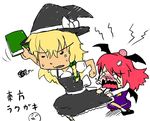  anger_vein bandages bat_wings blonde_hair book bow braid chibi crossed_bandaids hat hat_bow head_bump head_wings kirisame_marisa koakuma long_hair lowres multiple_girls o_o red_hair sho_(shirojiro_kuroguro) snot tears touhou translated wavy_mouth white_bow wings witch_hat 