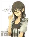  adjusting_eyewear a~chan bad_id bad_pixiv_id bangs black-framed_eyewear black_eyes black_hair brown_eyes brown_hair fashion glasses group_name long_hair perfume short_sleeves smile solo sparkle striped upper_body white_background yoshito 