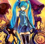  aqua_eyes aqua_hair conjaku detached_sleeves hatsune_miku headphones headset long_hair solo thighhighs twintails vocaloid 