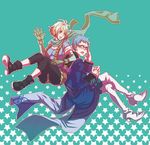  1girl 9wa bad_id bad_pixiv_id blue_hair blue_shirt glasses green_background hubert_ozwell leggings multicolored_hair pascal red_hair scarf shirt star starry_background tales_of_(series) tales_of_graces two-tone_hair white_hair 
