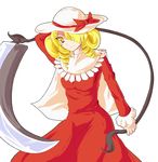  alphes_(style) blonde_hair dress drill_hair elly hair_over_one_eye hat hat_ribbon holding holding_scythe mozya parody ribbon scythe short_hair simple_background smile solo style_parody touhou touhou_(pc-98) yellow_eyes 