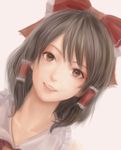  close-up derivative_work face hakurei_reimu moekyon neck parted_lips photorealistic realistic simple_background smile solo touhou 