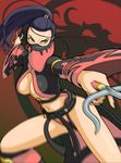  1girl black_hair breasts cleavage female green_eyes guraifu long_hair midriff mileena mortal_kombat ponytail sai_(weapon) solo veil weapon 