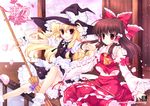  2girls apron bad_id bad_pixiv_id blonde_hair broom brown_hair buttons cherry_blossoms detached_sleeves dress hair_ribbon hakurei_reimu hat kirisame_marisa mitha multiple_girls petals ribbon sitting socks touhou witch_hat wrist_cuffs 