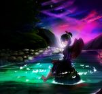  aurora barefoot blue_hair book fumi11gou highres multicolored_hair red_eyes rock short_hair sitting sitting_on_rock solo star tokiko_(touhou) touhou tree water wings 