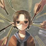  brown_eyes brown_hair chopsticks copyright_request glasses hands pointy_ears short_hair solo_focus tweezers what yamaada 