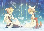  1girl blonde_hair blue_eyes brother_and_sister hair_ribbon headphones headset jonejung kagamine_len kagamine_rin ribbon short_hair siblings twins vocaloid 