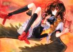  bad_id bad_pixiv_id book brown_hair camera expressionless geta hat kneehighs looking_at_viewer ne-on pencil red_eyes shameimaru_aya socks solo tengu-geta tokin_hat touhou traditional_media watercolor_(medium) wings 