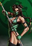  1girl braid breasts brown_hair cleavage dark_skin female gloves green green_eyes half_mask jade jade_(mortal_kombat) large_breasts long_hair looking_at_viewer makeinu mortal_kombat no_bra solo staff thigh-highs thighhighs twin_braids 