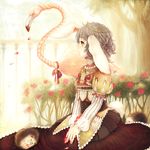  alice_in_wonderland animal animal_ears bad_id bad_pixiv_id bird brown_eyes brown_hair bunny_ears crown dress flamingo flower hedgehog highres manbou_no_suiso nail_polish original petals queen_of_hearts red_nails rose short_hair sitting solo tiara 