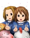  animal_head bird brown_eyes brown_hair chicken dog hairband hirasawa_yui k-on! mascot multiple_girls namine0079 pig short_hair tainaka_ritsu track_suit v 