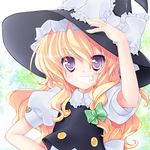  bad_id bad_pixiv_id blonde_hair bow braid colorized gotou_nao grin hat kirisame_marisa long_hair philomelalilium purple_eyes smile solo touhou upper_body witch_hat 