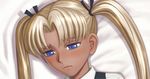  blonde_hair blue_eyes blush close-up dark_skin gunslinger_girl hair_ribbon ribbon solo triela twintails youkai_ankake 