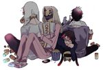  3boys animal_ears baccano! back bad_id bad_pixiv_id cat_ears cellphone celty_sturluson durarara!! food glasses heiwajima_shizuo helmet kishitani_shinra motorcycle_helmet multiple_boys orihara_izaya pajamas phone popcorn sitting slippers towel trembling yos_(artist) 