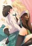  bad_id bad_pixiv_id blonde_hair brown_hair candy checkered checkered_skirt closed_eyes food green_eyes hoshii_miki idolmaster idolmaster_(classic) jar kikuchi_makoto kiss kneehighs long_hair multiple_girls necktie necktie_grab neckwear_grab on_bed saliva school_uniform shared_food short_hair sitting sitting_on_lap sitting_on_person skirt taira_tsukune yuri 