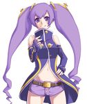  ar_tonelico ar_tonelico_iii bare_shoulders cocona_vatel elbow_gloves fingerless_gloves gloves hair_ornament jewelry jiji_(wander_plug) long_hair midriff navel necklace pendant purple_eyes purple_hair shorts smile solo twintails 