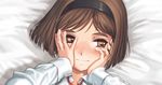  blush brown_eyes brown_hair close-up closed_mouth embarrassed face fingernails gunslinger_girl hairband hands hands_on_own_face henrietta_(gunslinger_girl) short_hair solo youkai_ankake 