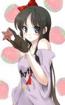  akiyama_mio bare_shoulders black_hair blue_eyes blush bow casual food fruit gloves hair_bow highres k-on! kujou_ichiso listen!! long_hair solo star strawberry 