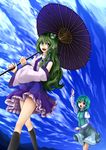  blue_eyes blue_hair crystaline_lens detached_sleeves frog green_eyes green_hair hair_ornament heterochromia highres kochiya_sanae long_hair multiple_girls oriental_umbrella red_eyes short_hair snake tatara_kogasa tongue touhou umbrella 