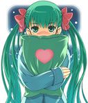  blush bow covering_face green_eyes green_hair hair_bow heart hirokiku long_hair original pajamas pillow pillow_hug shy solo twintails 