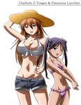  bikini black_hair blue_eyes breasts charlotte_e_yeager cleavage denim denim_shorts fang francesca_lucchini green_eyes hat large_breasts long_hair multiple_girls orange_hair shorts small_breasts steed_(steed_enterprise) strike_witches swimsuit twintails world_witches_series 