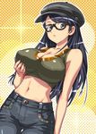  bad_id bad_pixiv_id black_hair blue_eyes breast_lift breasts cabbie_hat cleavage denim face fujisawa_takashi glasses hat jeans large_breasts long_hair midriff navel original pants solo tank_top 