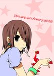  bracelet brown_eyes brown_hair casual dessert earrings food fruit hair_over_one_eye hirasawa_yui holding holding_food holding_fruit inui_sekihiko jewelry k-on! listen!! mouth_hold parfait short_hair solo spoon strawberry 