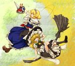  alice_margatroid blonde_hair braid broom broom_riding capelet doll frills gathers grin hairband hand_on_headwear hat kirisame_marisa lance long_hair multiple_girls petticoat polearm shibasaki_shouji shield short_hair smile touhou weapon witch_hat yellow_eyes 