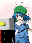  ? backpack bag blue_eyes blue_hair blush breasts crossover hair_bobbles hair_ornament hat kawashiro_nitori key mechazawa_shin'ichi medium_breasts open_mouth robot sakigake!!_cromartie_koukou short_hair solo surprised sweat touhou 