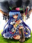  blue_hair blush boots cross-laced_footwear food fruit hands_on_own_knees hat hinanawi_tenshi katahira_masashi knee_boots knee_up lace-up_boots long_hair looking_at_viewer peach red_eyes rock sitting smile solo sword sword_of_hisou touhou weapon 