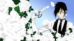  black_hair closed_eyes cutenotpedo flower gloves highres kuroshitsuji male_focus rose scissors sebastian_michaelis solo white_flower white_rose 