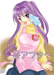  apron clannad denim fujibayashi_kyou hasutsuki_tooru jeans long_hair pants ponytail purple_eyes purple_hair solo sweater 