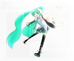  aqua_eyes aqua_hair bad_id bad_pixiv_id detached_sleeves digital_dissolve hatsune_miku hatsune_miku_no_shoushitsu_(vocaloid) headset highres kagexxx legs long_hair necktie outstretched_arms outstretched_hand pixels reaching skirt solo thighhighs twintails vocaloid zettai_ryouiki 