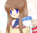  bad_id bad_pixiv_id blue_eyes brown_hair clannad cup flat_(joppin_karu!) long_hair miyazawa_yukine school_uniform solo teacup 