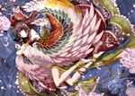  9ji ankle_ribbon anklet barefoot bow brown_hair cherry_blossoms colorful detached_sleeves embellished_costume error feet floral_print frills from_above hair_bow hair_tubes hakurei_reimu jewelry leg_ribbon lying on_side red_eyes ribbon short_hair smile solo touhou water wings 