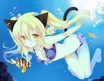  alternate_hairstyle animal_ears barefoot bikini blonde_hair blue_bikini blush bow braid bubble cat_ears cat_tail clownfish diving fish freediving hair_bow kemonomimi_mode kirisame_marisa natsume_eri smile solo star swimming swimsuit tail touhou twintails underwater yellow_eyes 