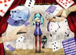  blue_eyes blue_hair card choker curtains doll dress falling_card hands hatsune_miku highres karakuri_pierrot_(vocaloid) long_hair mary_janes mask pantyhose pigeon-toed pocket_watch shoes solo stage twintails vocaloid watch yache 
