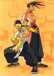  back-to-back baggy_pants baseball_cap braid bridal_gauntlets brothers brown_hair chinese_clothes fighting_stance hat male_focus multiple_boys muscle nishimura_kinu official_art pants shoes siblings single_braid sleeveless sneakers street_fighter street_fighter_iii_(series) twins yang_lee yun_lee 